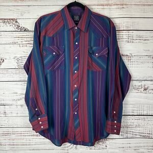 Men VTG Rock Creek Ranch Burgundy Blue Stripe Western Cowboy Pearl Snap Shirt XL